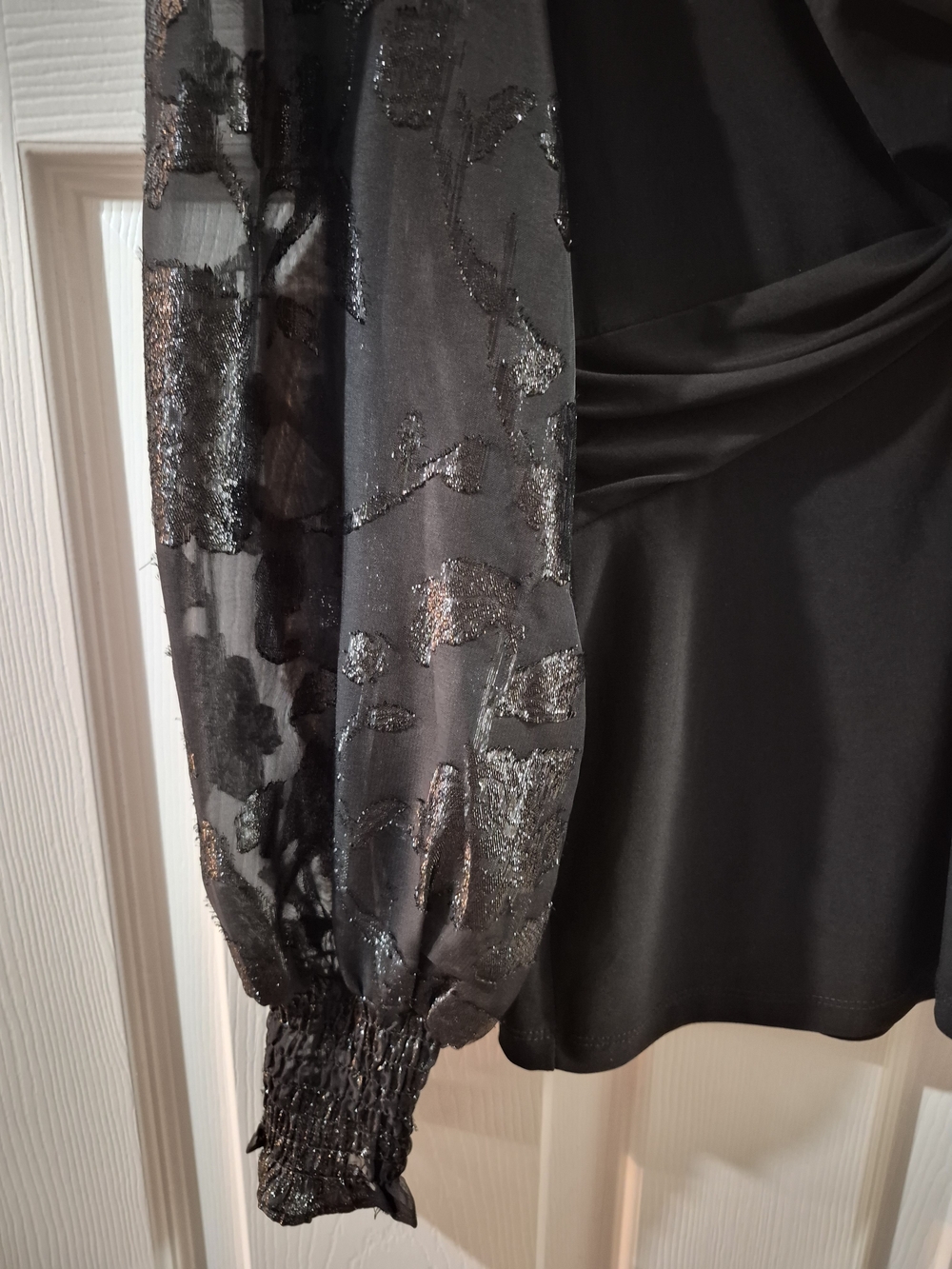 Anne Klein Black Sheer Metallic Floral Sleeve Blouse